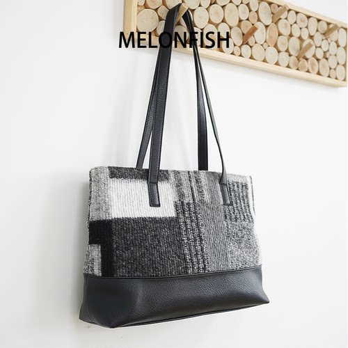 Melonfish托特包拼色格纹羊毛