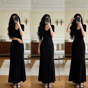 棉高品质2026春夏韩风V领短袖 内搭裙 女连衣裙气质黑色辣妹修身