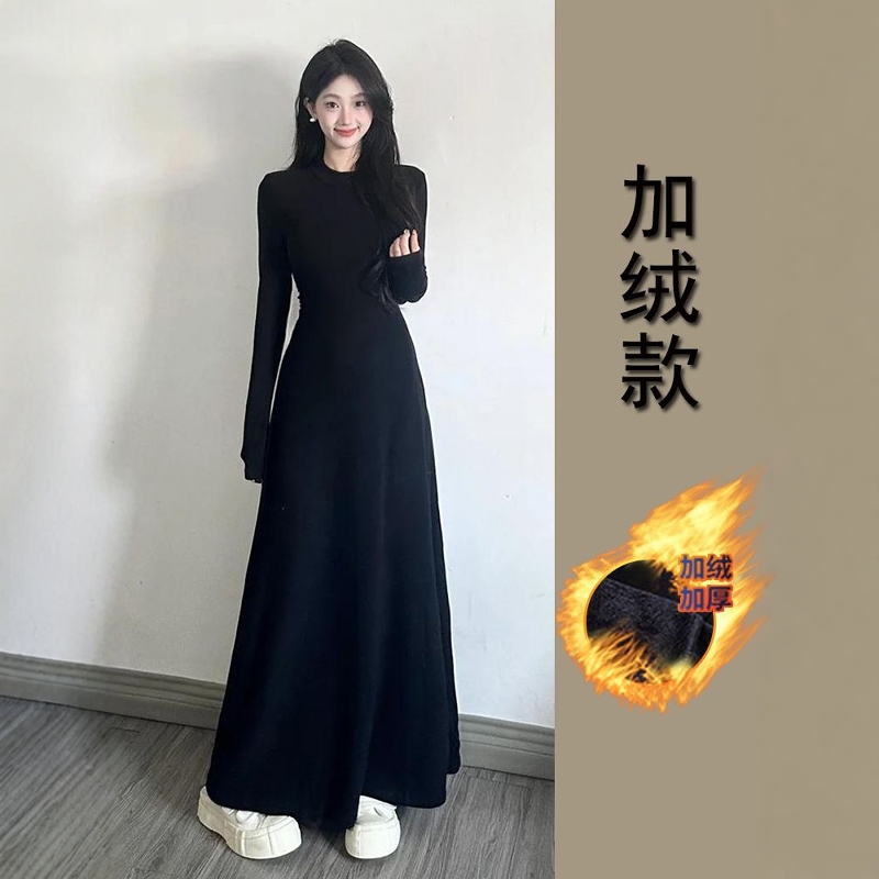【330克纯棉加绒加厚】2024冬圆领修身长款连衣裙女显瘦气质长裙