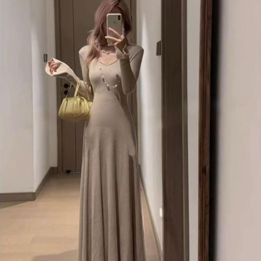 2025秋冬v领长袖针织连衣裙女秋冬韩系收腰显瘦a字内搭打底长裙子,女装/女士精品,连衣裙,淘宝优惠券,粉丝福利购,淘宝优惠卷