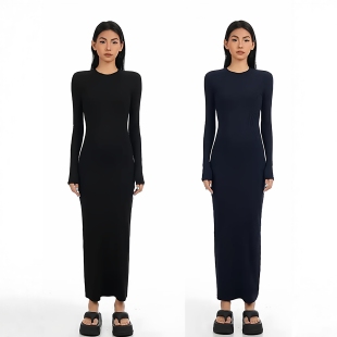 【磨毛棉】2025秋冬藏蓝色圆领长袖连衣裙辣妹修身包臀显瘦长裙女