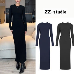 【棉罗纹高品质】纯色圆领长袖连衣裙辣妹修身包臀显瘦长裙女