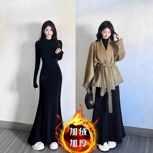 2025秋冬半高领连衣裙鱼尾裙修身收腰显瘦裙子长裙棉加绒加厚
