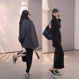 【棉磨毛】黑色2025早秋自信优雅后开叉连衣裙长袖棉质长裙