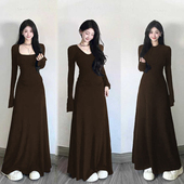 连衣裙女收腰显瘦V领气质针织裙 长款 270克棉磨毛 2025秋修身