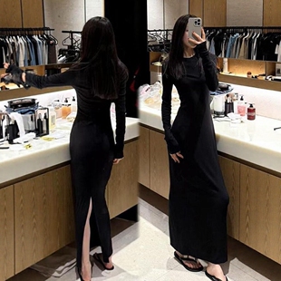 【棉磨毛高品质】2025早秋自信优雅后开叉连衣裙长袖黑色棉质长裙