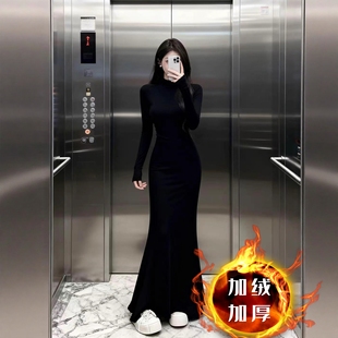 【棉加绒加厚】2025秋冬半高领连衣裙鱼尾裙修身收腰显瘦裙子长裙