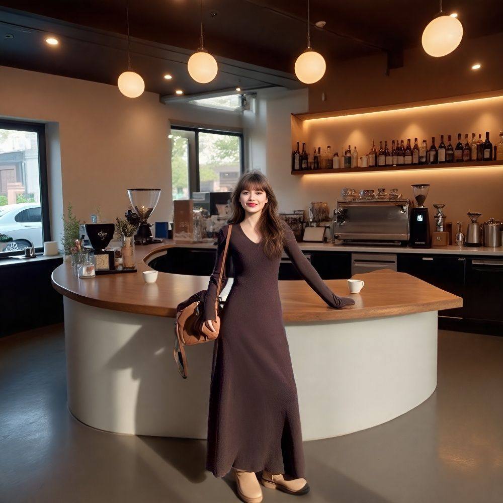 【棉磨毛】秋咖色新款极简百搭VU领纯色长袖修身显瘦大A连衣裙,女装/女士精品,连衣裙,淘宝优惠券,粉丝福利购,淘宝优惠卷