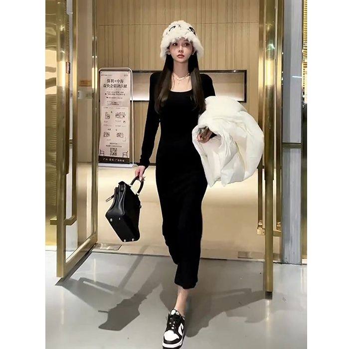 【棉磨毛高品质】黑色连衣裙女秋冬内搭长款修身打底包臀裙子长裙,女装/女士精品,连衣裙,淘宝优惠券,粉丝福利购,淘宝优惠卷