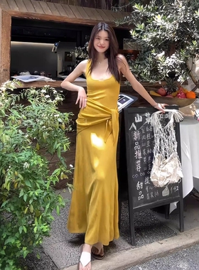 【棉高品质】配披肩姜黄色低调复古欧若风修身包臀A字连衣裙