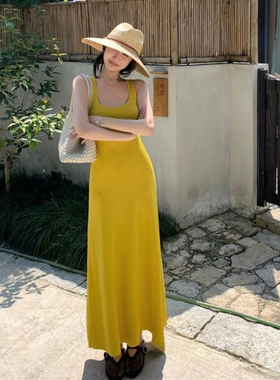 【棉高品质】2025夏季纸片人超显瘦棉挂脖长裙连衣裙姜黄色背心裙