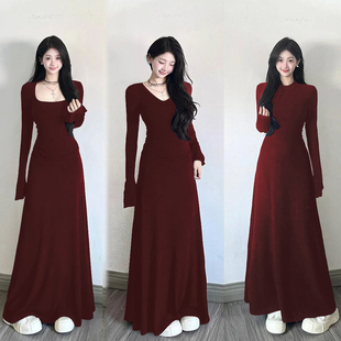 长款 安卡拉红2025秋冬修身 连衣裙女收腰显瘦长裙 圣诞新年战袍