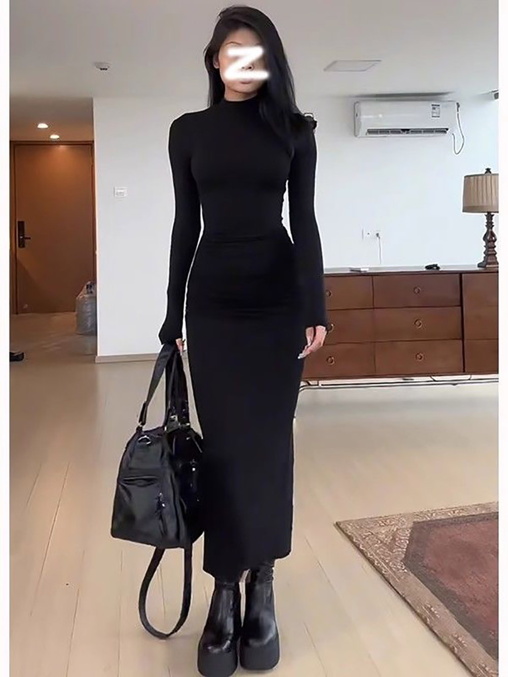 【棉磨毛高品质】美式显瘦黑色长袖连衣裙秋新款半高领包臀长裙女