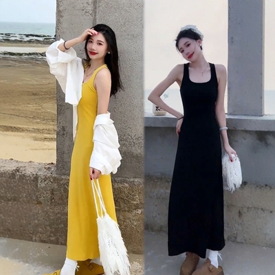 【棉高品质】2025夏季纸片人超显瘦棉长裙连衣裙姜黄色背心裙