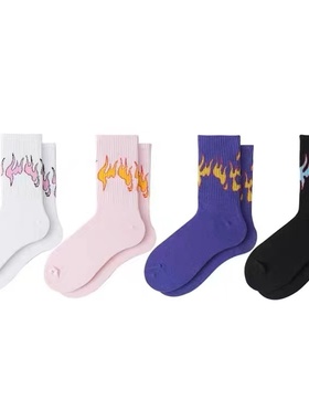 22SS白色紫色火焰袜子纯棉中长筒男女街头滑板潮流运动袜ins超火