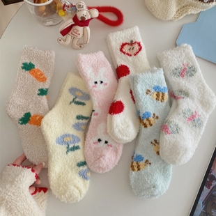 冬季 可爱珊瑚绒袜子女秋冬毛绒加厚棉袜家居睡眠保暖毛毛地板袜