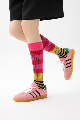 条纹撞色复古小腿袜及膝堆堆袜