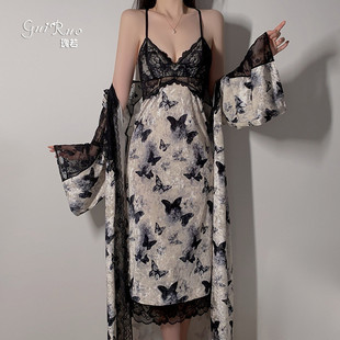 2026古典印花丝绒睡衣深V聚拢加胸垫睡裙外袍家居服套装4827