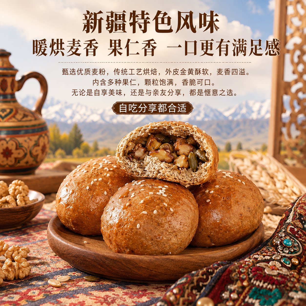 龙跃天山黑麦奇亚籽手把馕新疆特产果仁馕饼子坚果烤包子真材实料