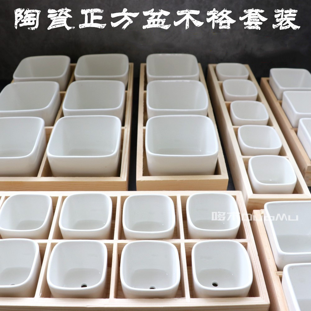 多肉花盆陶瓷盆带托盘肉肉白瓷盆大号小花盆有孔木托组合特价_虎窝淘