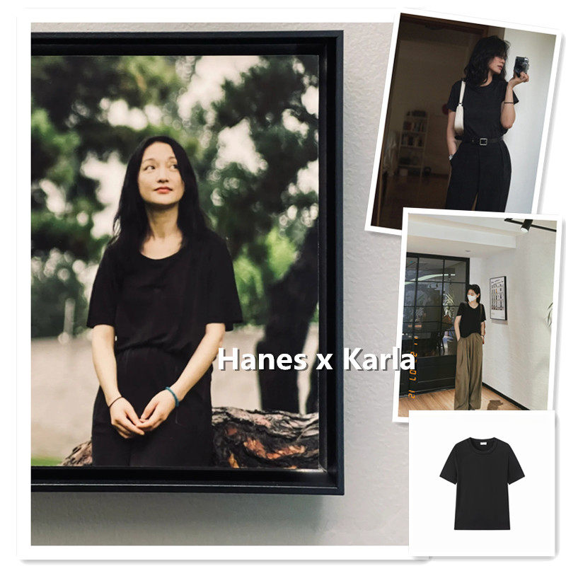 小喜家Hanes x Karla2025周XUN同款洋气碳黑色铜氨丝短袖t恤女