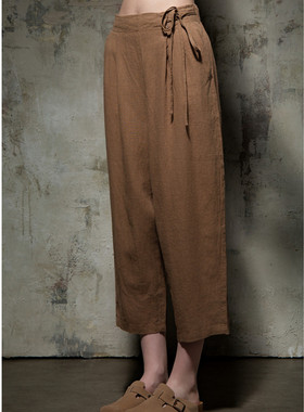 小喜家2025夏季新款Hanes x Karla 100%亚麻系带显瘦宽松九分裤