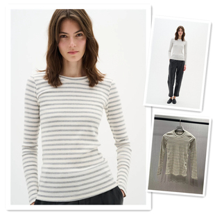 小喜家 国内现货 24秋冬 InWear基础款灰白色条纹长袖弹力棉上衣