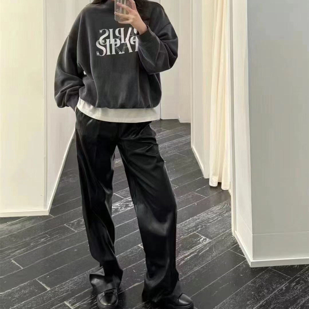 A*NINEB*ING黑色柔软仿皮阔腿裤