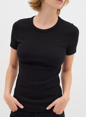 小喜家 现货 25春夏 In Wear 黑色基础款罗纹棉修身显瘦圆领短袖