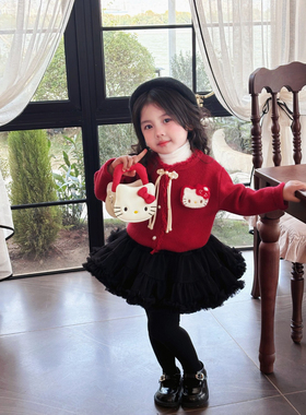 ins冬春女童宝宝红色凯蒂猫盘扣毛衣开衫半裙新年针织衫拜年服