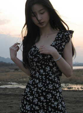 FBB WORKS 约会玫瑰岛碎花黑色连衣裙女春夏中长款荷叶边裙子网红