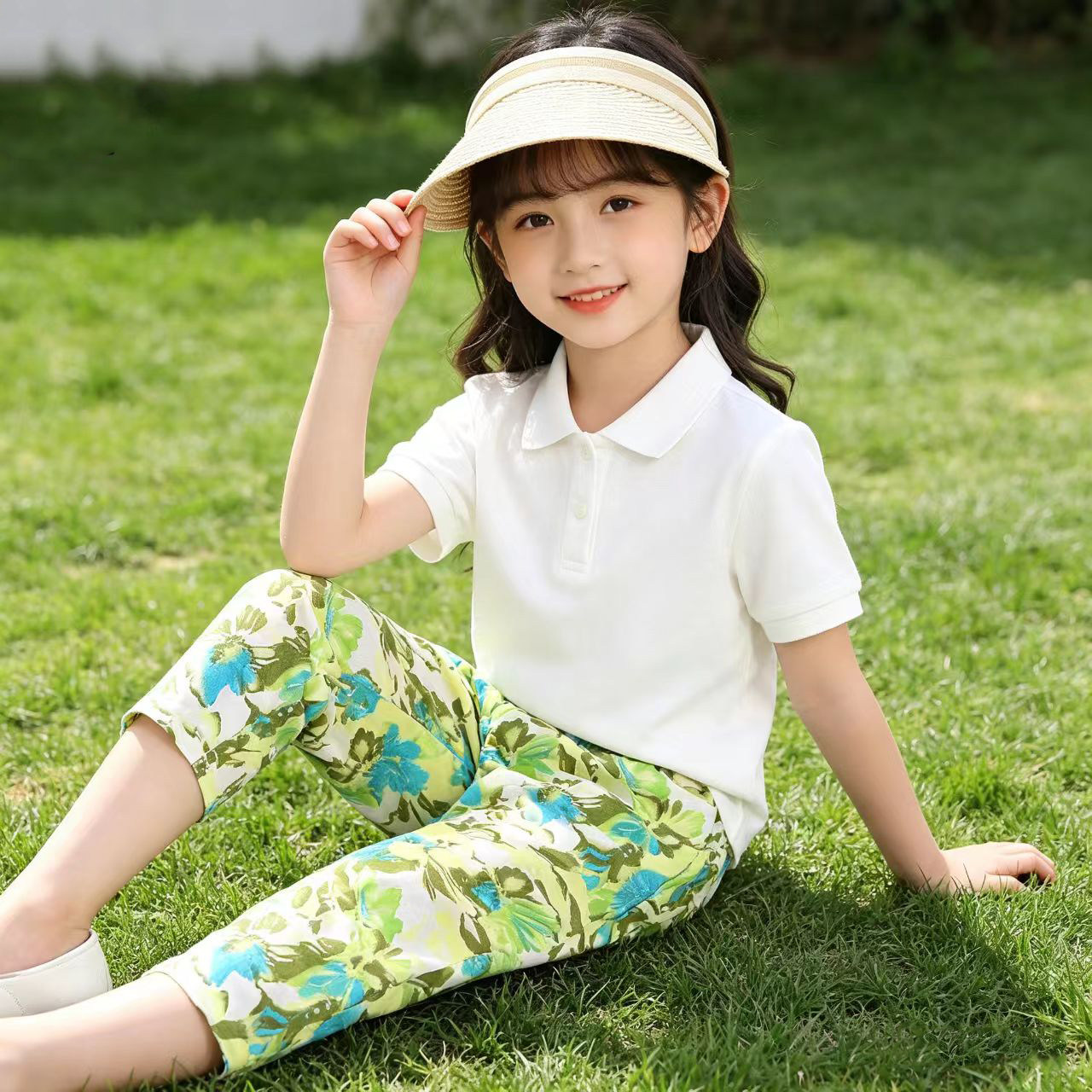 归秀纯棉女童夏天碎花弹力七分裤