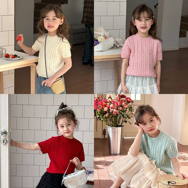 Ambb艾摩贝贝女童2025春季新品儿童绞花针织短袖