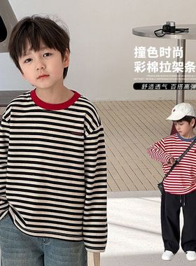 Ambb艾摩贝贝男童2025春季新品儿童长袖条纹T恤贴标宽松上衣