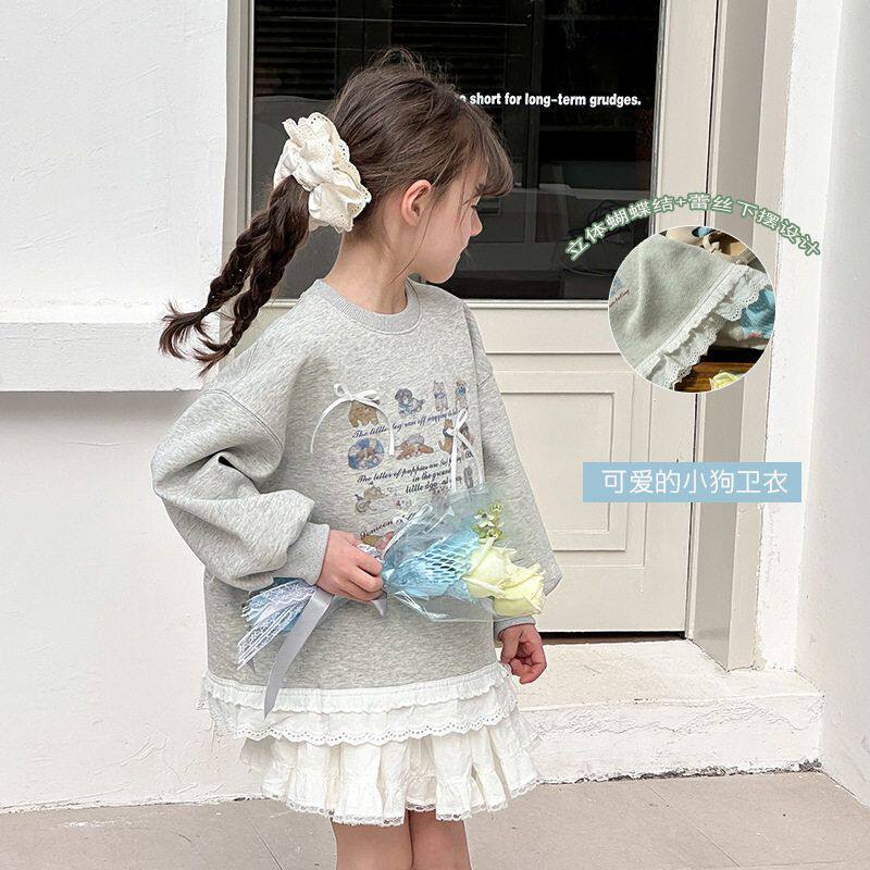 Ambb艾摩贝贝女童2025春季新品儿童蕾丝下摆拼接蝴蝶结卫衣