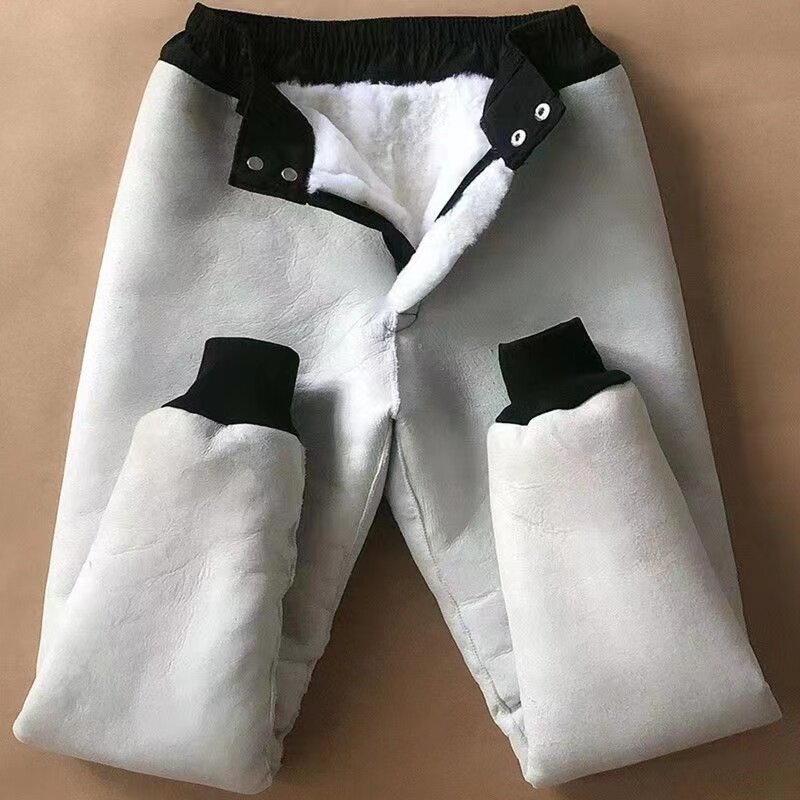 남성과 여성 중년 및 노인을위한 전체 가죽 순수 양가죽 올인원 가죽 바지 두꺼워지고 따뜻하며 방한  양가죽 캐주얼 하이 웨이스트면 바지