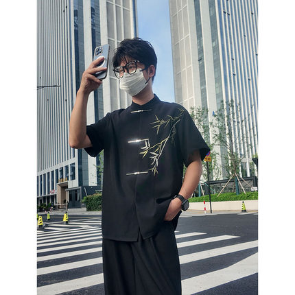 TANGZ STUDIO新中式立领短袖衬衫男竹叶刺绣金属扣国潮休闲衬衣潮