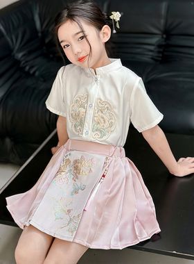 女童夏装套装2025新款儿童新中式国风T恤百褶裙马面裙夏季两件套