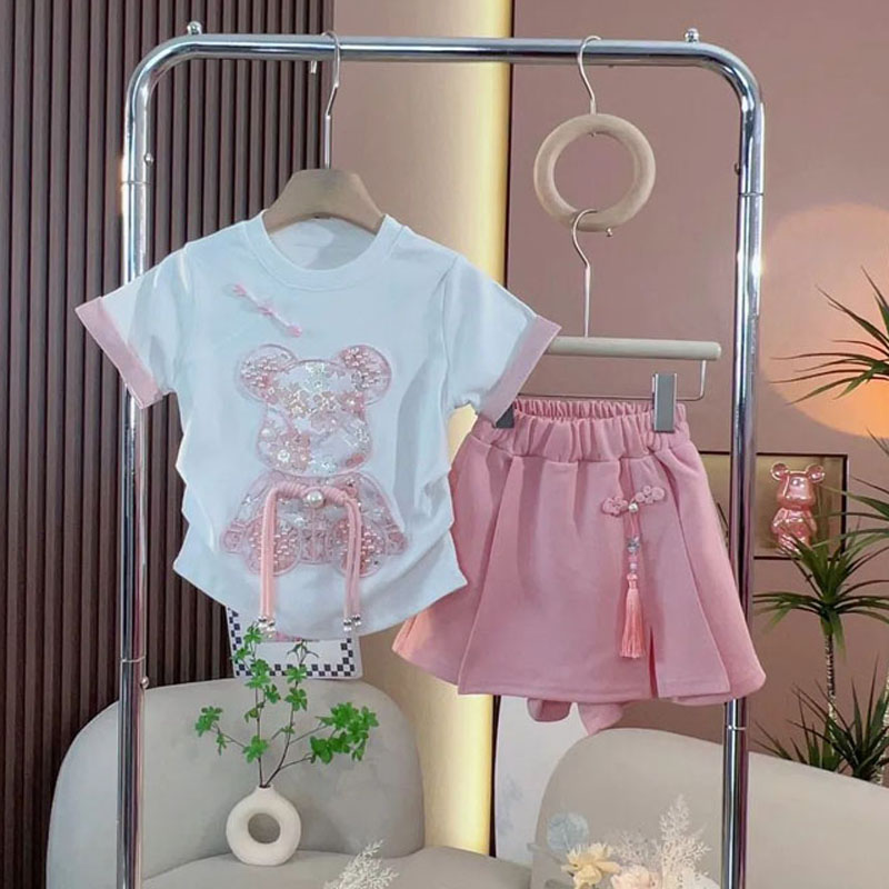 女童套装夏季2025新款洋气韩版宝宝套裙卡通短袖上衣裙裤两件套