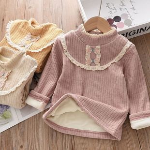 女童加绒打底衫半高领冬女宝宝加厚保暖儿童蕾丝花边半高领上衣潮