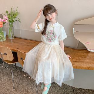 刺绣旗袍儿童短袖 女童套装 中式 2025新款 连衣裙子两件套汉服 夏季