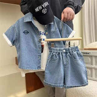 男童套装夏装2025新款儿童韩版薄短袖帅气炸街牛仔衬衫中裤两件套