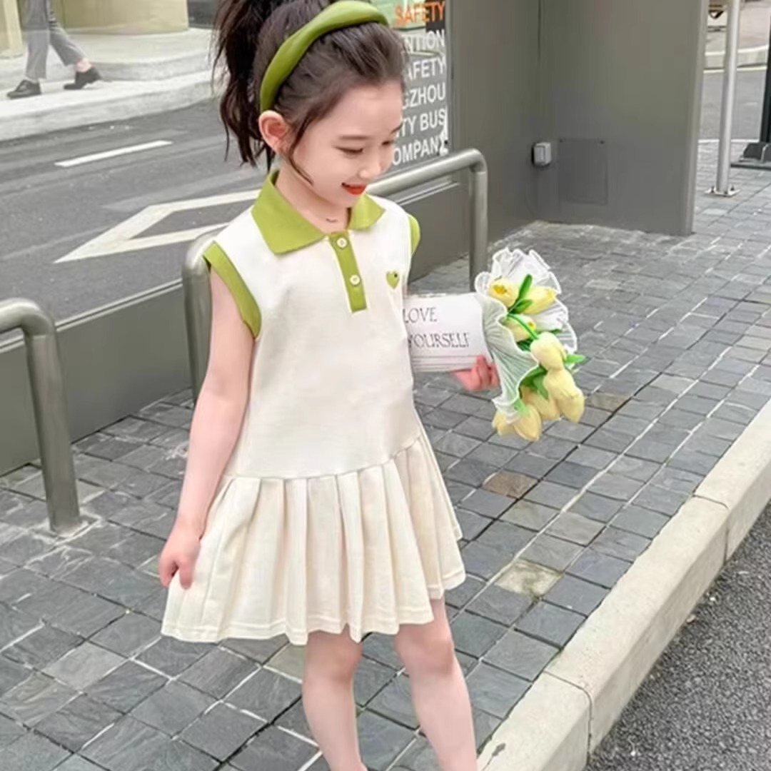 女童连衣裙夏季2025新款韩版儿童polo百褶裙洋气公主裙爱心背心裙