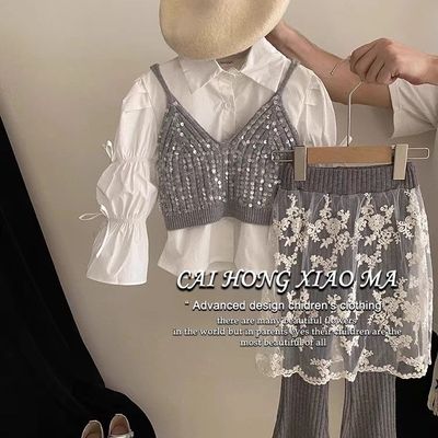 女童套装秋装衬衫吊带拼接裙裤