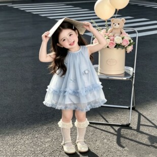 女童连衣裙夏季小童网纱裙儿童小清新女宝宝背心裙格子韩版裙子