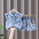 洋气网红短裤 2026新款 薄女宝宝儿童两件套潮 碎花牛仔套装 女童夏季