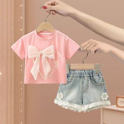 女童套装夏季洋气牛仔短裤爱心