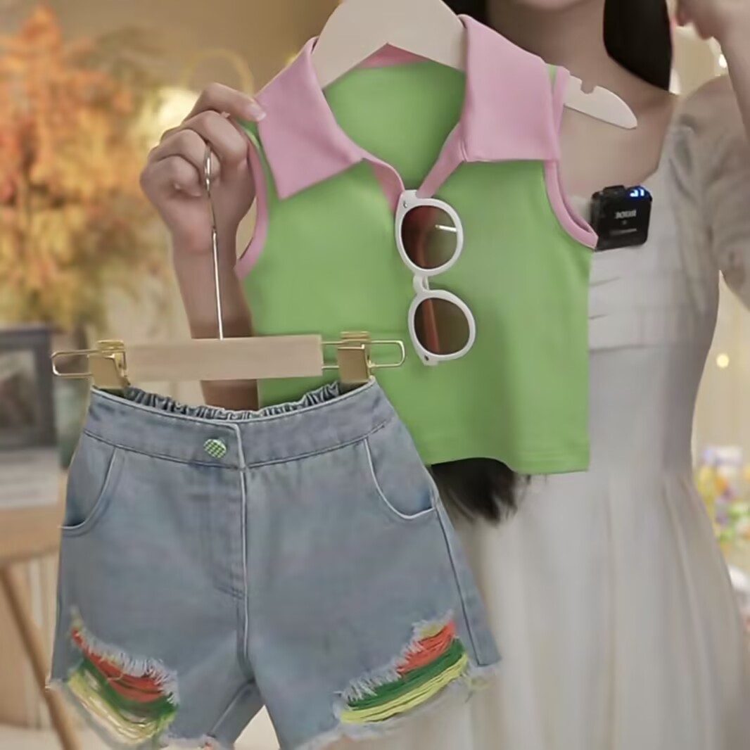 女童套装夏装2025新款儿童女宝宝韩版破洞毛边牛仔短裤背心两件套
