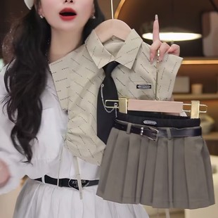 女童套装夏装2025新款洋气儿童领带学院时髦无袖上衣百褶裙两件套