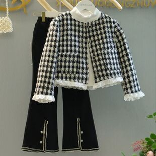 女童小香风套装2025秋装新款韩版千鸟格外套中大儿童喇叭裤两件套